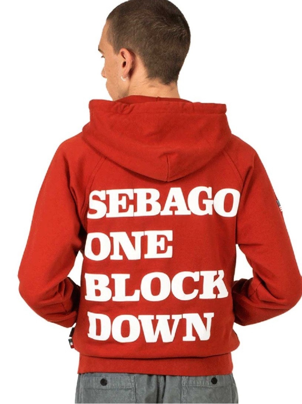 Sebago One Block Down Collab Brick Red Hoodie with White Back Graphic Med